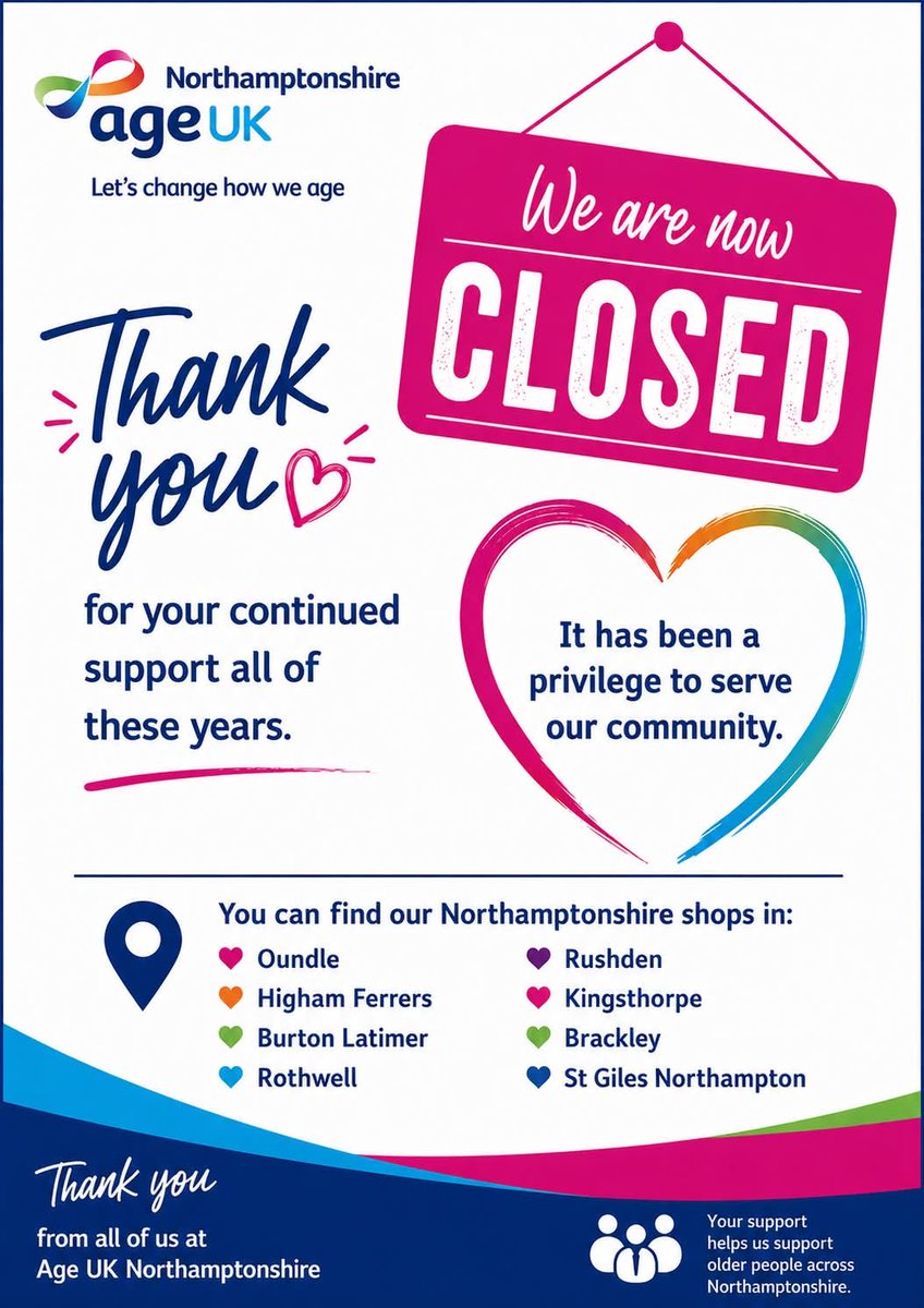 AgeUKNorthants's tweet photo. Our #Thrapston #CharityShop has closed its doors. #ThankYou to everyone who supported us over the years, especially our amazing staff, volunteers and customers. We couldn't have done it without you. 💙#CommunitySupport @thrapstontc @NNorthantsC https://t.co/0jjWA8AflX