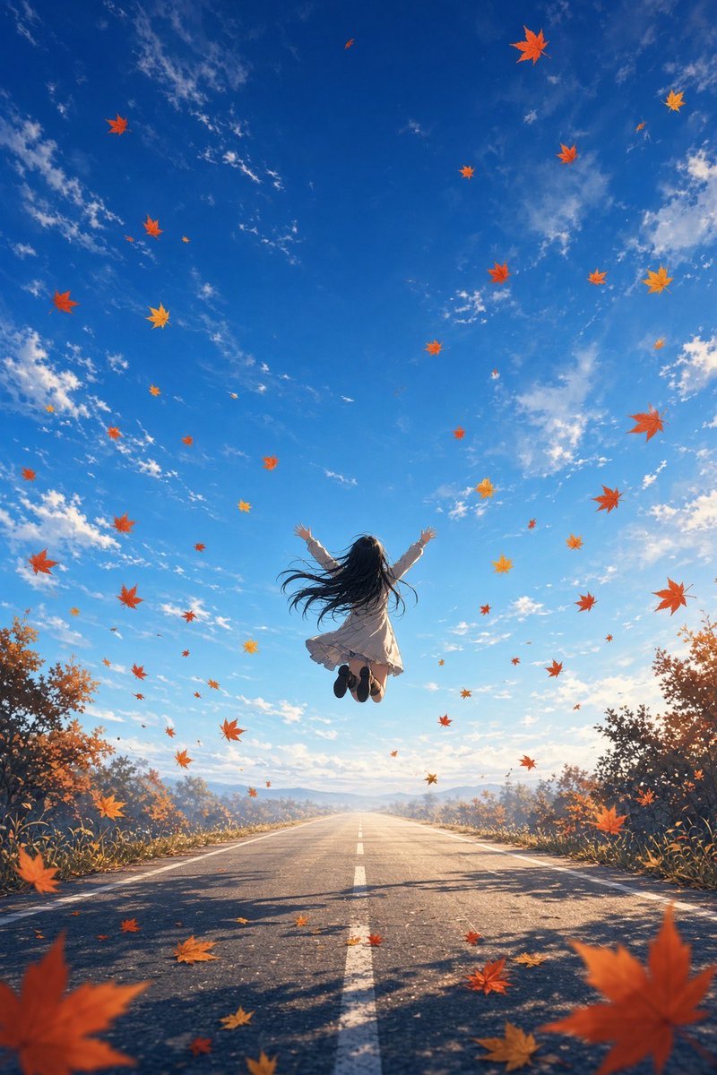 mormogtarou's tweet photo. バビョーンっ！

秋の空に全身で飛び込んだ瞬間。

舞い散る紅葉が、全部自分の味方みたいで、
足の裏が地面から離れたらもう止まらない。

今日はただ、風に乗って飛んでみる日。

【AIイラスト AIart オリジナルイラスト】 https://t.co/Tn77jOgY1q