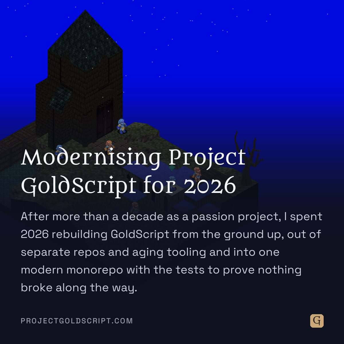 gsengine's tweet photo. Rebuilt GoldScript after a decade: two aging repos folded into one pnpm/Vite monorepo, engine split into eleven packages. A frame-by-frame visual regression suite off a fixed clock and seeded RNG proves nothing broke.

https://t.co/xbt4fP4oR5

#gamedev #reactjs #threejs https://t.co/lw792GDNu4