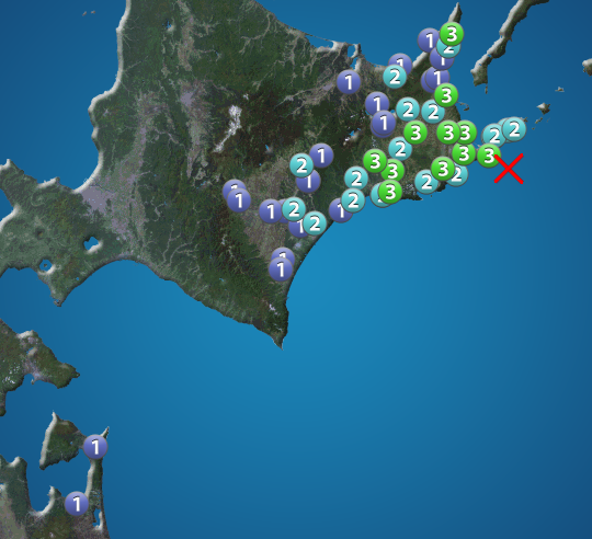 wni_jp's tweet photo. 【地震情報】
8月25日 18:07 震度3
震源：根室半島南東沖 M4.8 深さ約80km
この地震による津波の心配はありません。
https://t.co/73xQ39QUG9 https://t.co/UZ0VwwOFKl