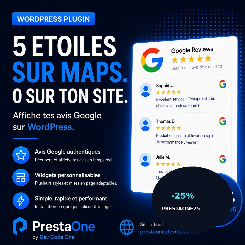 DevCodeOne1's tweet photo. Tes clients te mettent 5 étoiles sur Maps.
Personne ne le voit sur ton site.
Google Reviews (PrestaOne) les affiche sur WordPress.
Code PRESTAONE25 = −25 %
#WordPress #AvisGoogle #PrestaOne #DevCodeOne https://t.co/NWMB5TDjk0
