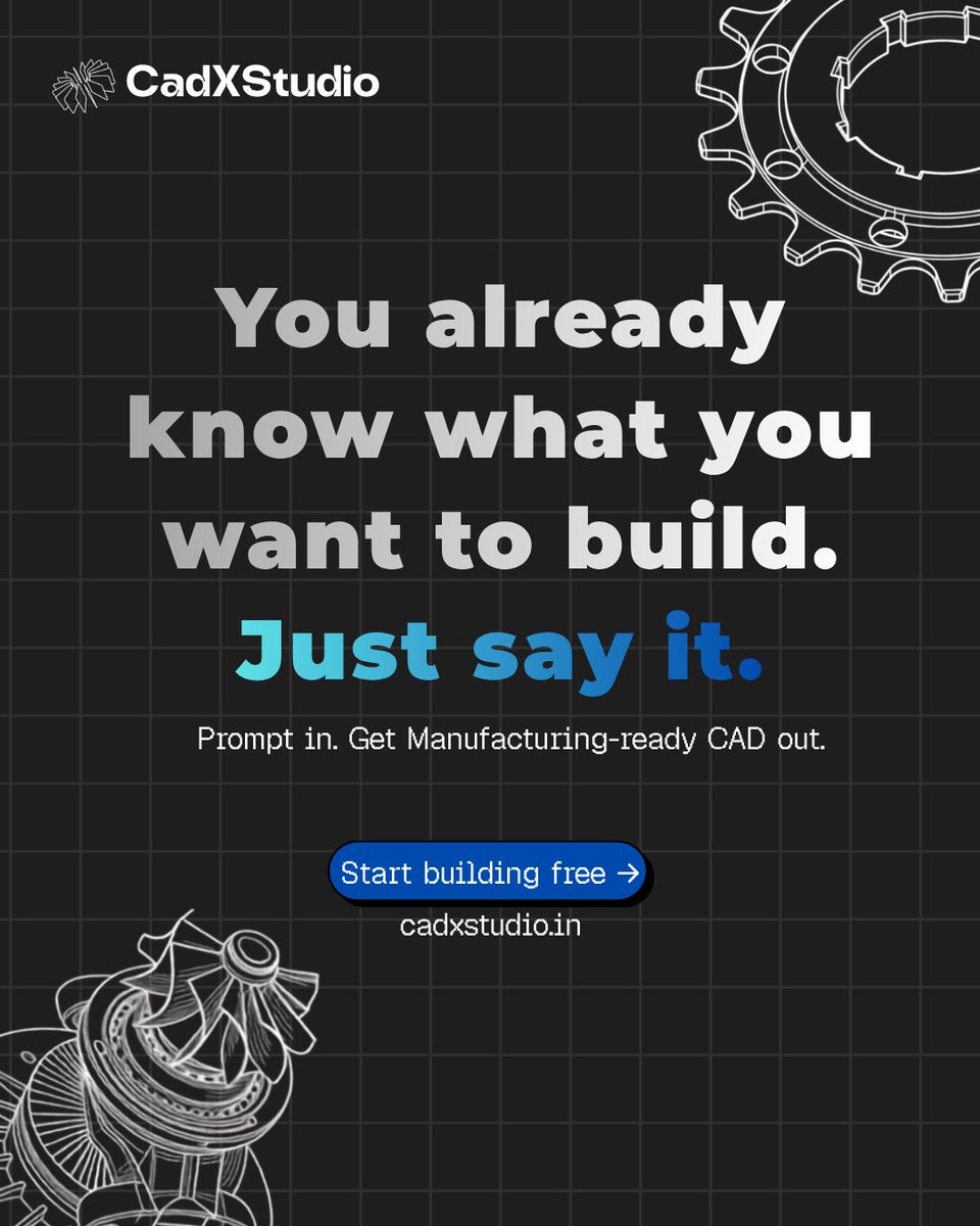 CadX_Studio's tweet photo. You already know what you want to build.

Just say it.

CadXStudio turns a sentence into manufacturing-ready CAD - no software to learn, no CAD degree required.

Free to start ↓ https://t.co/oKD0d5OGJI