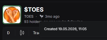 0xExpresso's tweet photo. OG Toes created by the same dev as the main (20m ath)

CREATED 4min EARLIER then the one that went 20m

BWbAgDqM1iNUbnfyyLCE5Jwe7CMkksijpYfLErHGpump https://t.co/TEYwHQCDrs