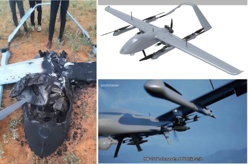 leone_hadavi's tweet photo. This pic. (L in img comparisons) shared on Telegram in Sept 2025 shows a ZT-150V/HW-150V UAV in #Sudan. 
-unique rotor boom configuration: upwards-oriented rotors and boom design "accommodating" wing attachment;
-front nose design with antenna;
-matching wing attachment to body. https://t.co/OEjin6uLiU