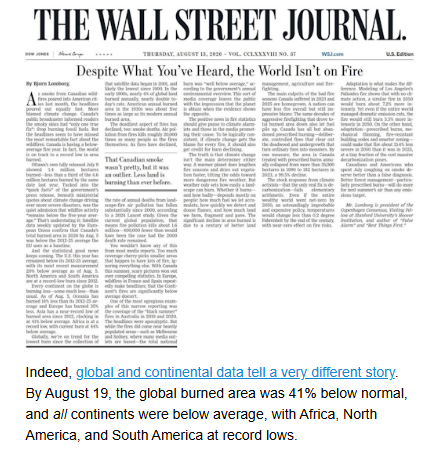 BjornLomborg's tweet photo. The world is burning less, not more

Wildfires have dominated headlines in recent weeks. Devastating fires in Spain and France and smoke from Canadian wildfires have once again been presented as evidence of an escalating climate crisis.

But climate change is a global issue, so it should be assessed using global data.

From my latest newsletter: https://t.co/CEZv6HzxqT

Sign up: https://t.co/PIif2dDeWJ