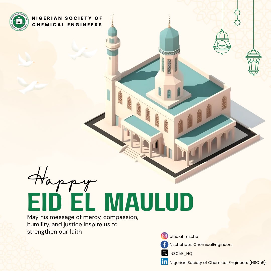NSChE_HQ's tweet photo. 🌙✨ The NSChE extends warm greetings to all our members, partners, and the Muslim community as we commemorate Eid-el-Maulud, celebrating the birth and exemplary life of Prophet Muhammad (SAW).
#EidElMaulud #EidMubarak #NSChE #ChemicalEngineering #Peace #Unity https://t.co/Gq3LTKVeew