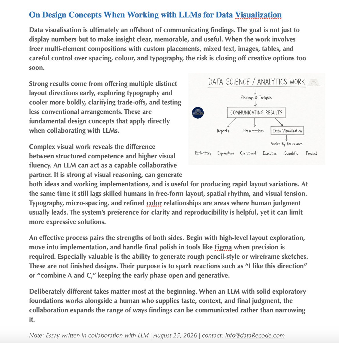 datarecode's tweet photo. Communicating results visually is part science part art. Ultimately, collaboration between humans &amp; AI is best for effective visual communication/design. Here is an essay resulted from working with AI on real world project.  #dataViz #rstats #datascience https://t.co/O9MoGE2ti8