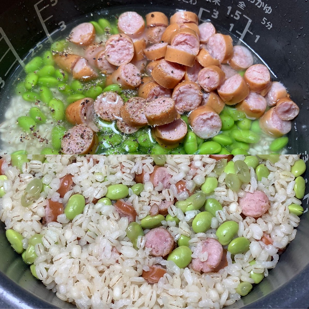 Gyoksaiken's tweet photo. シャウエッセンと枝豆の炊き込みご飯😋
麦飯で炊いて良い感じに✨ https://t.co/Z6muPioNaL