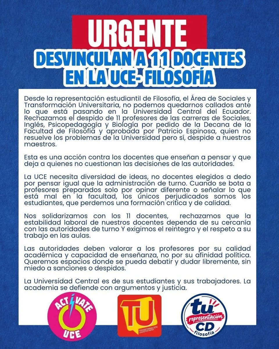 Plataforma_aire's tweet photo. En la Facultad de Filosofía de la @lacentralec fueron desvinculados 11 docentes de las carreras de Sociales, Inglés, Psicopedagogía y Biología. Según el comunicado de los estudiantes de la facultad. La medida fue solicitada por la decana y aprobada por Patricio Espinosa. https://t.co/3upttcTxZB