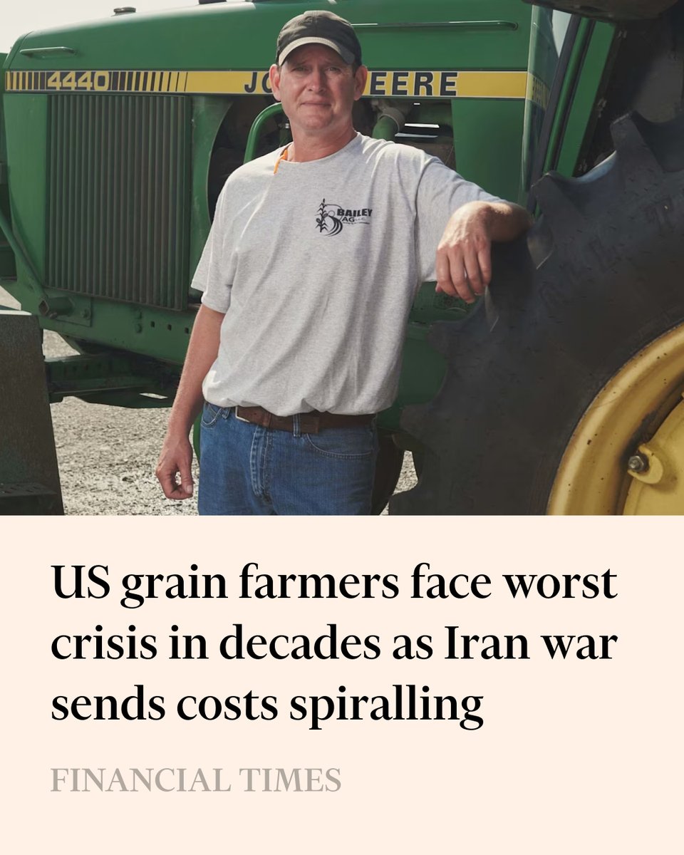FT's tweet photo. Farmers in America’s Corn Belt say they are facing their worst crisis in 40 years, as an explosion in diesel and fertiliser costs triggered by Donald Trump’s Iran war pushes grain producers to the brink. https://t.co/wBVYxF4yM1 https://t.co/oMwpGgVxjz