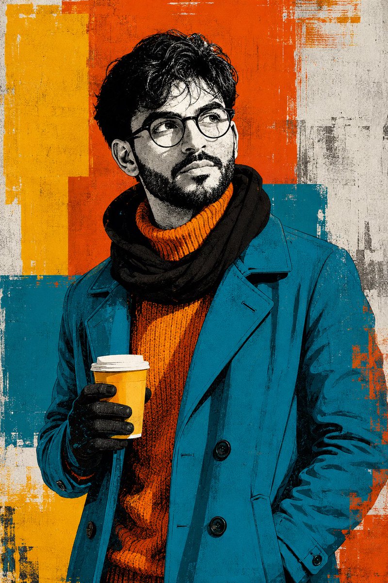 81soud81's tweet photo. Prompt 

لعمل نفس الصورة :

نسخ الكلام + صورتك ببرنامج :

ChatGpt

👇🏻

A raised image, a bold pop art portrait of a young man with short black hair, wearing round, black-rimmed glasses, gazing thoughtfully upwards and to the side. His face and skin are rendered in a high-contrast, black-and-white two-tone style, while his clothing stands out in vibrant, saturated colors. He wears a long, teal coat with a prominent collar and buttons over a bright orange turtleneck sweater and a black scarf wrapped around his neck. In one hand, he holds a bright orange-yellow paper coffee cup with a white lid, while his other hand is partially tucked into his coat pocket.

The background is a bold, abstract geometric composition of square shapes with fields of burnt orange, golden yellow, and turquoise blue, with a rough brushstroke texture, frayed edges, and a visible rough/scratched overlay that gives it the appearance of a hand-printed or poster-style artwork. Sections of a raw, concrete-textured white/grey wall are visible on the right, adding a contemporary touch. Style: Bold, pop art-style illustration; halftone/poster rendering; high-contrast style; street-style poster design; vibrant color overlap. Lighting is flat and graphic, not realistic, emphasizing color contrast rather than realistic shading. Color palette: Burnt orange, golden yellow, turquoise blue, black, white, with grays for skin tones. Digitally rendered/artistic image with poster-print quality; highly detailed texture; an aesthetic that blends vector and art styles.

Size/Aspect Ratio: 2:3 Vertical, 1024×1536 pixels (--ar 2:3 for Midjourney). Negative Notes: Overly realistic skin tones; flat, monochromatic background; blurred lines; dull color separation; low contrast; washed-out colors.