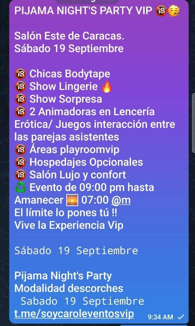 CAROLEVENTOSVIP's tweet photo. PIJAMA NIGHT'S PARTY VIP 🔞🥳
Salón Este de Caracas.
Sábado 19 Septiembre 
🔞 Chicas Bodytape 
🔞 Show Sorpresa Explícitos XXX
🔞 2 Animadoras en Lencería Erótica/ Juegos interacción entre las parejas
🔞 Áreas playroomvip 
🔞 Hospedajes Opcionales 
El límite lo pones tú !
19 sep https://t.co/V8LfrZBhL9