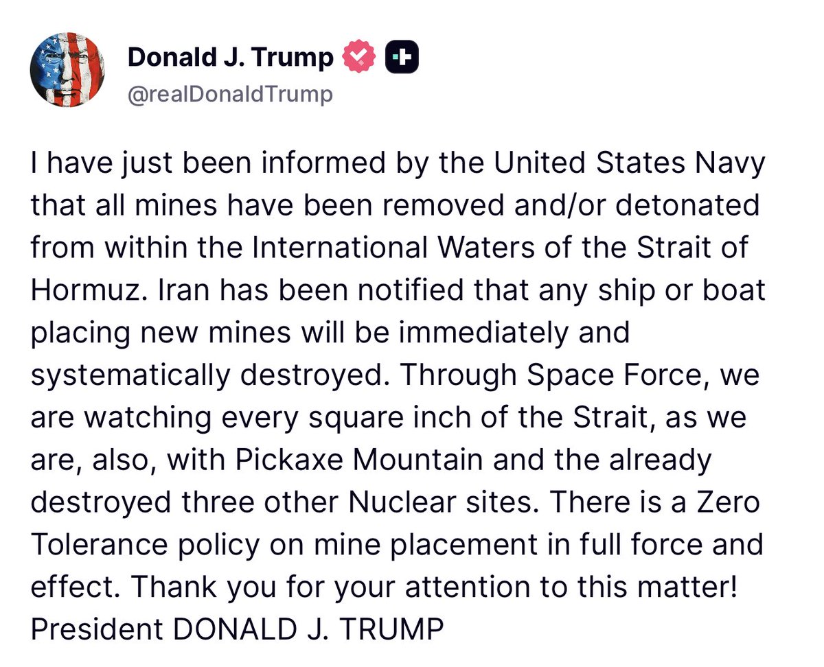 WhiteHouse's tweet photo. "Iran has been notified that any ship or boat placing new mines will be immediately and systematically destroyed... There is a Zero Tolerance policy on mine placement in full force and effect." - President Donald J. Trump πΊπΈ https://t.co/AVKpv7Mrz0