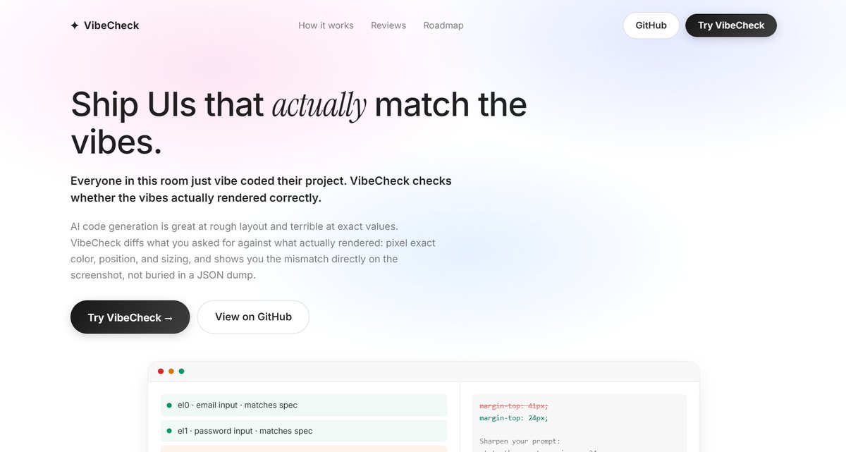 AgnurMegha28665's tweet photo. Built something for the DoraHack!
Meet VibeCheck, a tool for vibe-coded projects that checks whether what you asked for actually matches what rendered.
@connectdoradao #DoraHack https://t.co/QSpAXEahL0
