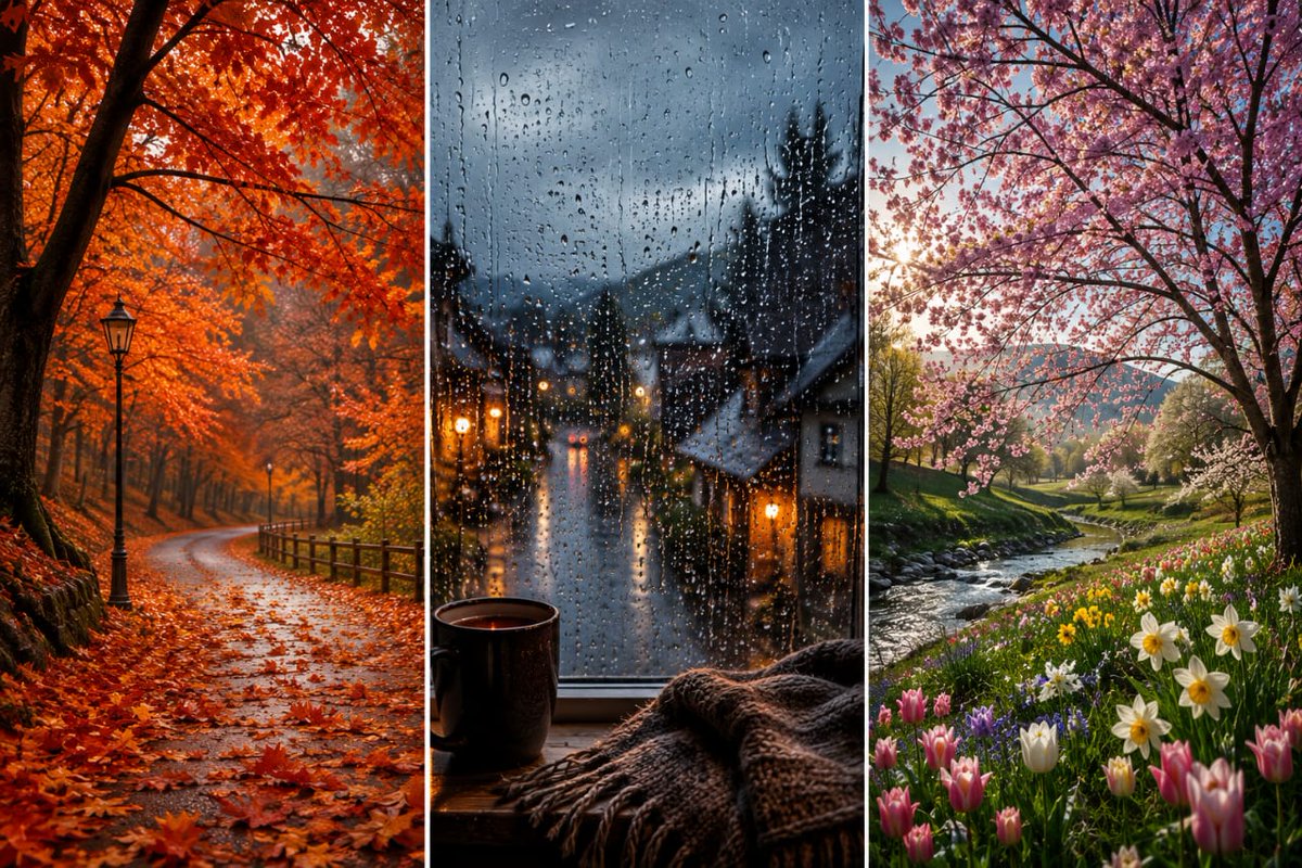 WanderWithAI_'s tweet photo. Every season has its own magic ✨
#WanderWithAI #SeasonalBeauty #FallRoad #RainyWindow #SpringFlowers #CozyVibes https://t.co/JFHlACIsfp