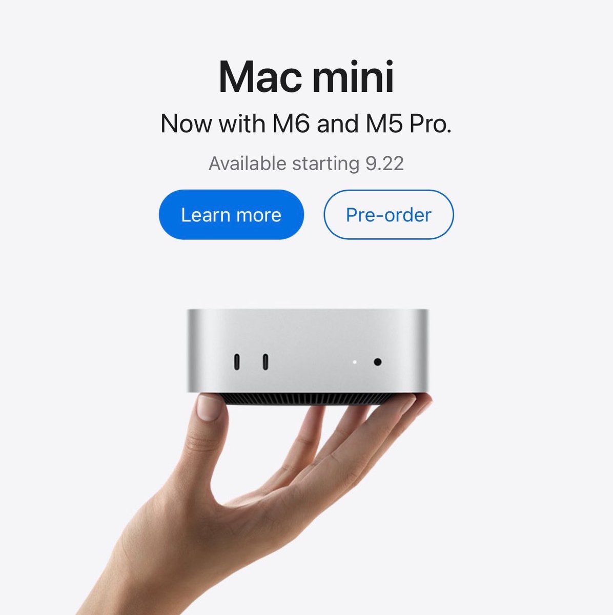 IntCyberDigest's tweet photo. Apple just released new Macs, and they’re a huge leap for local AI:

M6 Mac mini
• 12-core CPU / 12-core GPU
• 32GB unified memory
• 170GB/s bandwidth
• Up to 13.5× faster LLM prompt processing vs M1, 4.8× vs M4

M5 Ultra Mac Studio
• 36-core CPU / 80-core GPU
• 512GB unified memory
• 1.2TB/s bandwidth
• Up to 9.8× faster LLM prompt processing vs M1 Ultra, 4× vs M3 Ultra