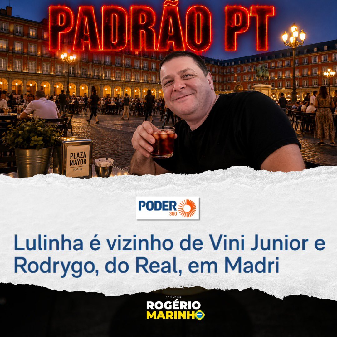 rogeriosmarinho's tweet photo. Lulinha virou craque dos negócios: de Atibaia a Madrid, o padrão PT não falha. Enquanto o povo aperta o cinto, a família presidencial circula no luxo. Corrupção muda de endereço, mas o método continua. https://t.co/fo185wrdAz