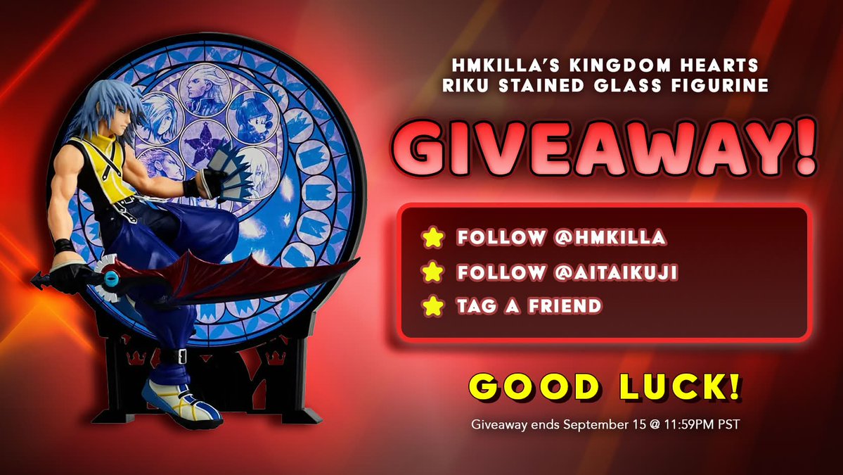 HMKilla's tweet photo. RISE FROM THE DARKNESS KEYBLADE WIELDERS!

HMK is partnering w/ @AitaiKuji for a Giveaway of the KINGDOM HEARTS 25th Anniversary RIKU STAINED GLASS FIGURE!

Here is HOW to ENTER!
🖤 FOLLOW ME
🖤 FOLLOW @AitaiKuji 
🖤 TAG A FRIEND!

Winner is Selected on September 15!
GOOD LUCK! https://t.co/UPgBLdDcIA