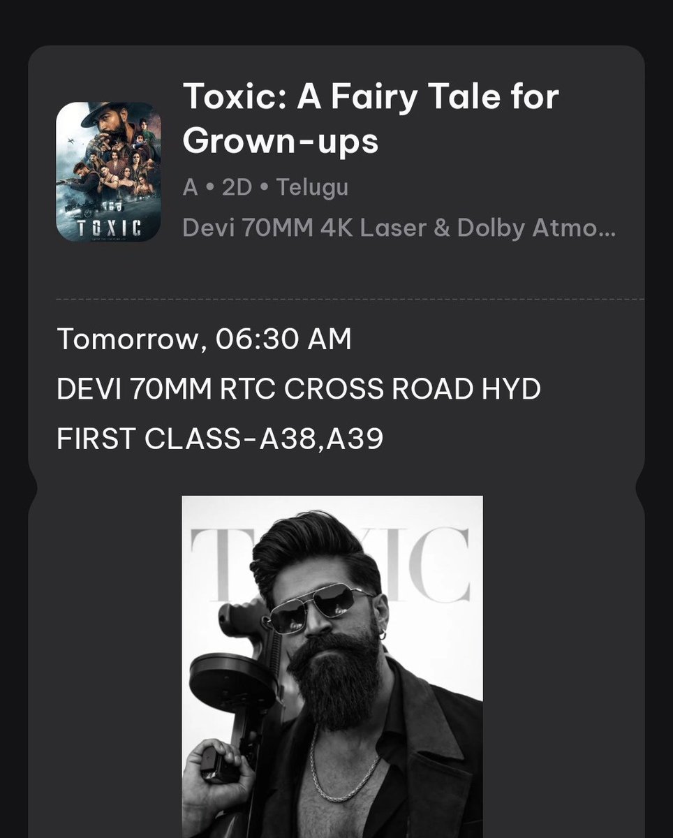 Steppenwolf436's tweet photo. 2 tickets available for toxic movie(telugu) on Aug 26th for first show at 06:30 AM
Seats : A38, A39
Ticket price : 230 per person same as bms
Total : โน460
#devi70mm
#toxic
#yash https://t.co/S17SnH8AiJ