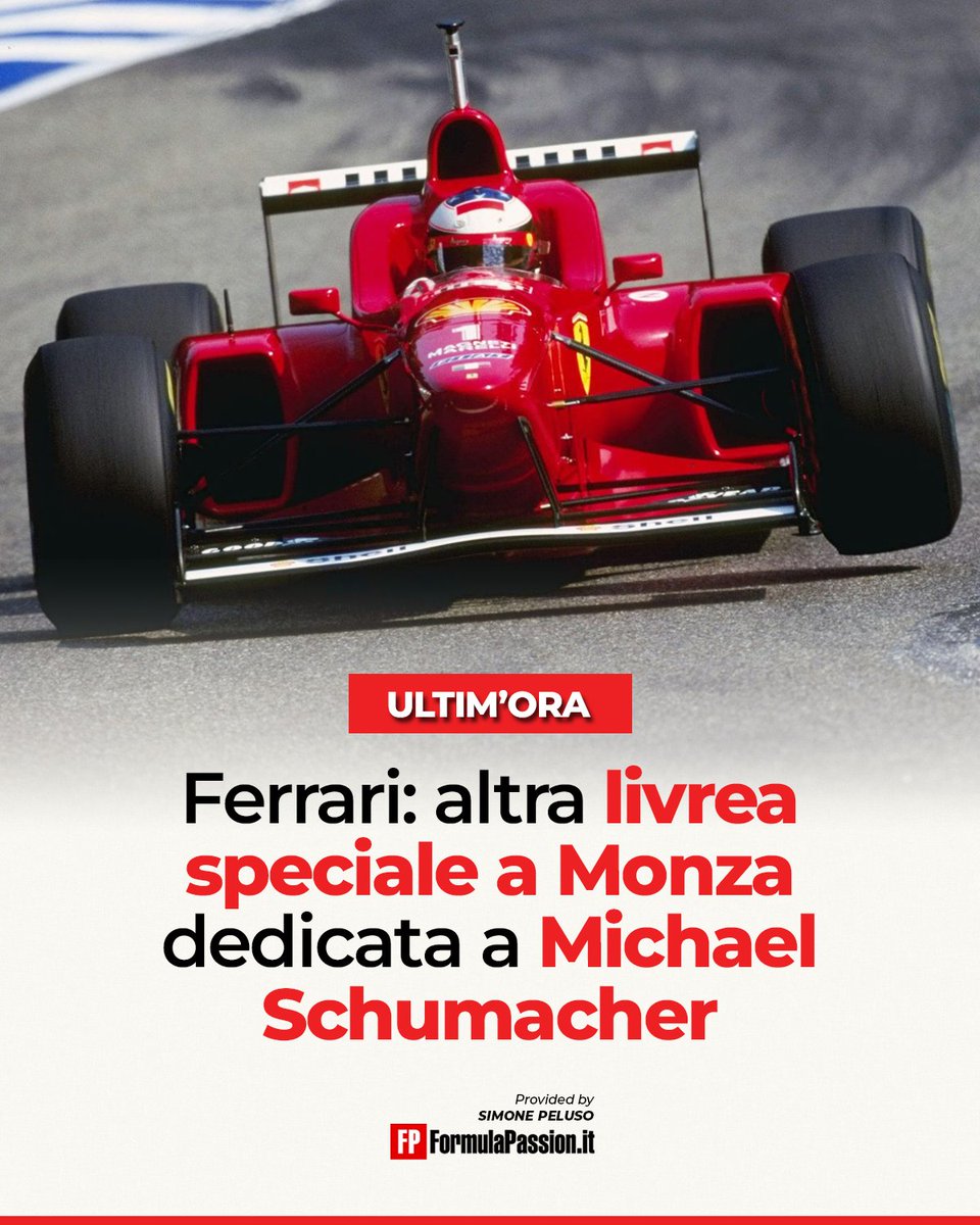 PelusoF1's tweet photo. #Ferrari ha in serbo una livrea speciale per #Monza dedicata a Michael #Schumacher per celebrare i 30 anni dalla prima vittoria e i 20 dall'ultima in Rosso 😍

#F1 #ItalianGP 🇮🇹 https://t.co/SegGs0unIh