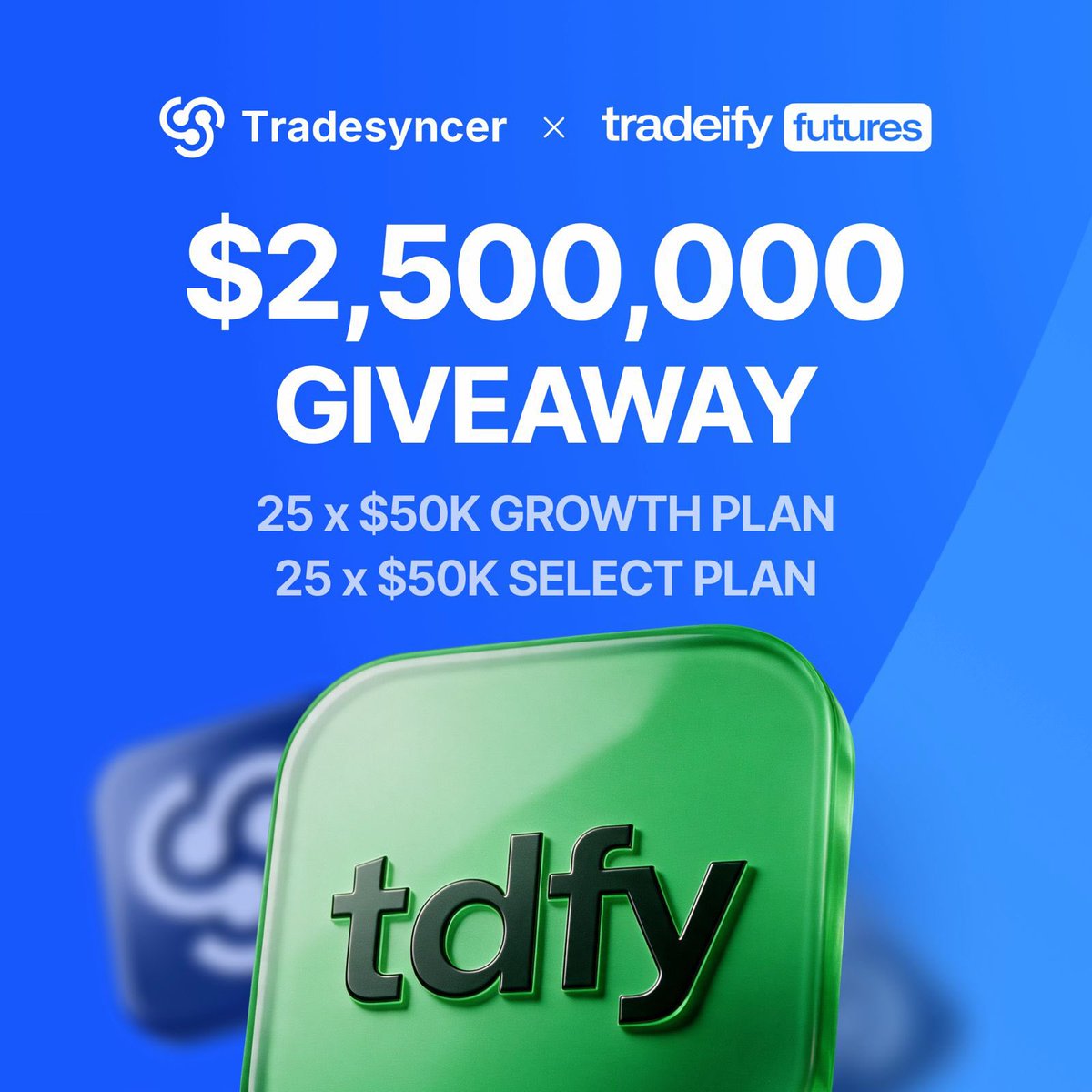 Tradesyncer's tweet photo. 🚀 50x50K TRADEIFY GIVEAWAY 🚀

We’ve teamed up with @Tradeify to celebrate their new look 🎉

✅ Like this post
✅ Follow @Tradesyncer &amp; @Tradeify 
✅ Comment “DONE”

🏆 Winners announced in 72 hours. https://t.co/utLIC16S5C