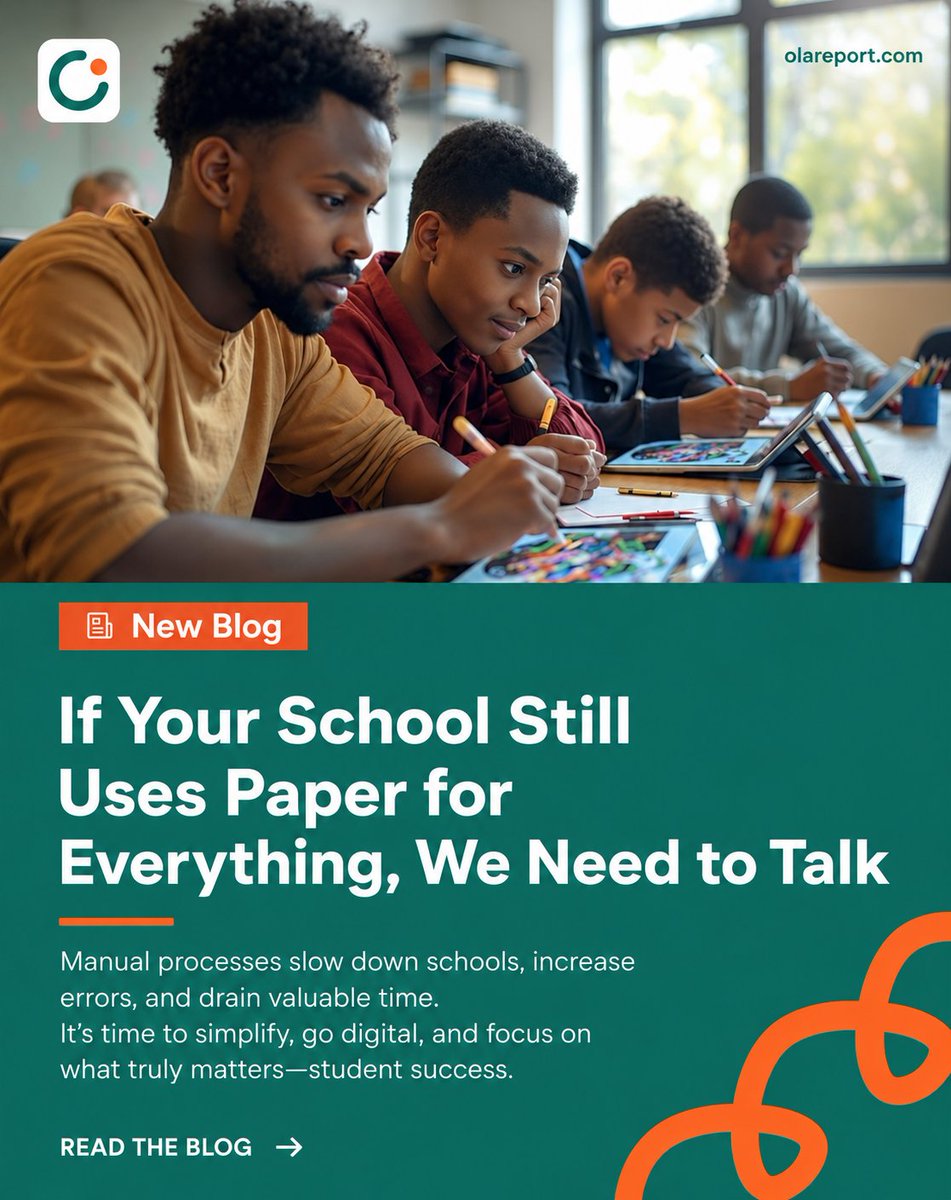 olareport's tweet photo. Still running your school on paper? 
Registers get lost. Results get delayed. Teachers get overwhelmed.

Go digital. Save time. Reduce errors. Focus on student success.
Read the full blog post 👉 https://t.co/RoKr7WwIfL` https://t.co/k4nCkCp9h5