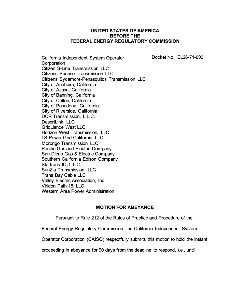 theconvexpayoff's tweet photo. FERC gave the six operators that run the US power grid until August 17 to fix how fast a data center can plug in.

all six asked for a pause instead, and the deadline came and went last week with no new rule in force at any of them.

that's PJM, MISO, SPP, CAISO, ISO-NE and NYISO, which between them run the grid for most of the country. PJM filed first, on July 28, and the other five all filed on August 3.

back in June, FERC said the order was about "delivering speed-to-power that is critical to supporting the innovation economy and national security while protecting ratepayers."

CAISO published a proposal anyway, nine days after filing for its pause: anything over 50 MW counts as a large load, with a faster and more flexible way to connect. PJM has published nothing comparable since its own filing.

the pauses run up to 90 days. FERC granted PJM's on August 17, the deadline day itself, and CAISO's window runs to November 16.