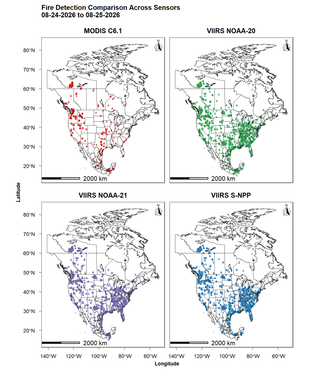alihassansha12's tweet photo. Fire Detection Comparison Across MODIS and VIIRS Sensors — North America | 24–25 August 2026 🛰️🔥
#GIS #RemoteSensing #EarthObservation #SatelliteRemoteSensing #Wildfire #FireDetection #ActiveFire #MODIS #VIIRS #NASA #Geospatial #GISAnalysis #GISConsultant #GISConsulting https://t.co/OrvosMmYQ1