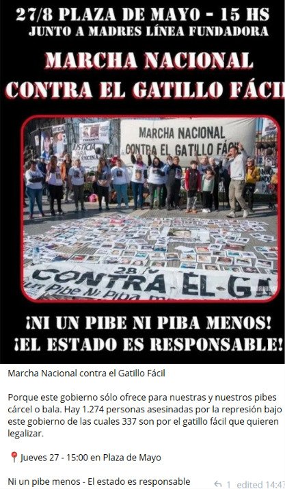 CORREPI's tweet photo. Marcha Nacional contra el Gatillo Fácil

Porque este gobierno sólo ofrece para nuestras y nuestros pibes cárcel o bala. 1.274 personas asesinadas por la represión bajo este gobierno. 337 son por el gatillo fácil que quieren legalizar.

📍Jueves 27 - 15:00 en Plaza de Mayo https://t.co/yKt4UHrKFd