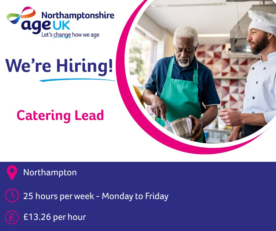 AgeUKNorthants's tweet photo. 🍽️ We're Hiring: Catering Lead, Northampton
💷 £13.26/hr | ⏰ 25 hrs/week. Love food? Love making a difference? 💙 Join our team and help serve our local community. 👉 Apply: https://t.co/o3yQY2rJ4u
#NorthamptonJobs #NorthamptonshireJobs #CateringJobs #AgeUKNorthamptonshire 💙🍴 https://t.co/NXH6bh8XuZ