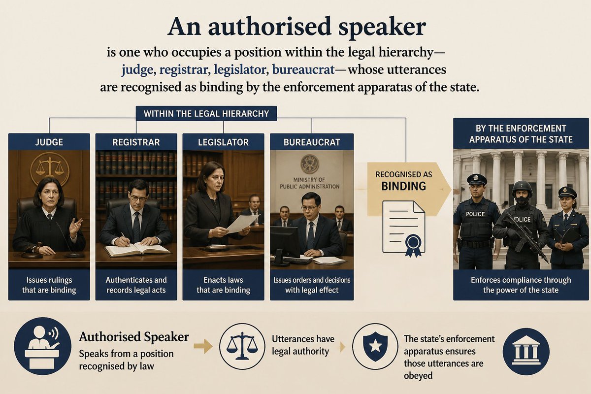 RhesusProtocol's tweet photo. "An authorised speaker is one who occupies a position within the legal hierarchy—judge, registrar, legislator, bureaucrat—whose utterances are recognised as binding by the enforcement apparatus of the state."

[ch1.12]

#LawAndMagic #LegalTheory 

https://t.co/ewNOYOR6ZJ https://t.co/WOvAf1i9lq