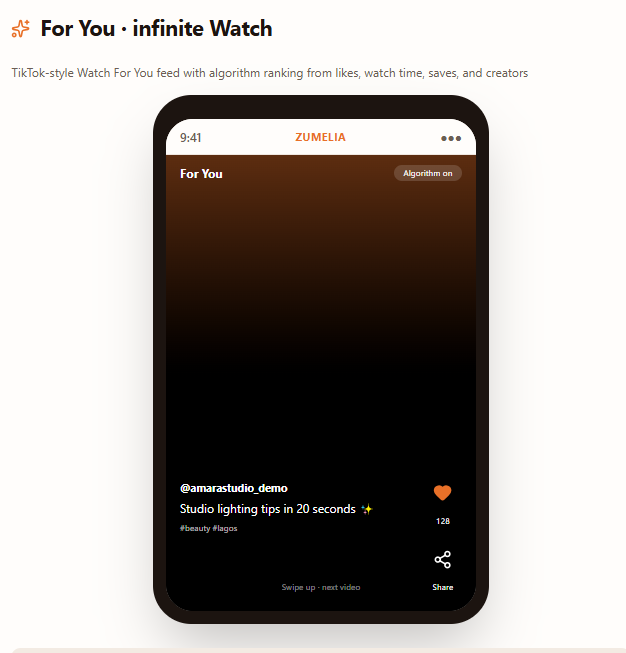femisaint61's tweet photo. Zumelia Watch now has For You 🟠

Swipe up. Next video. Infinite scroll.

The algorithm learns what you like — watch time, likes, saves, creators you follow — then serves more of that mix (Zumelia uploads + videos).

Try it: https://t.co/s8NRtTHI0a

#Watch #buildinpublic #Zumelia https://t.co/CfxQ0T6iOW