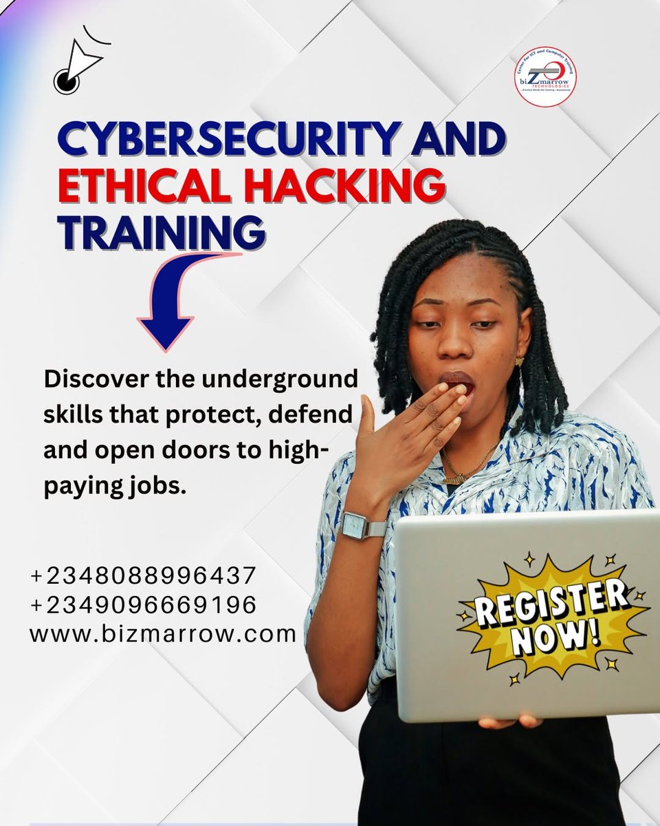 biZmarrow's tweet photo. Ready to turn curiosity into cybersecurity skills?
Learn Cybersecurity &amp; Ethical Hacking and gain practical skills to protect, defend, and unlock opportunities in the fast-growing tech industry. 
📲08088996437 | 09066696196
#Cybersecurity #EthicalHacking #CyberSecurityTraining https://t.co/NkjHroDWOB