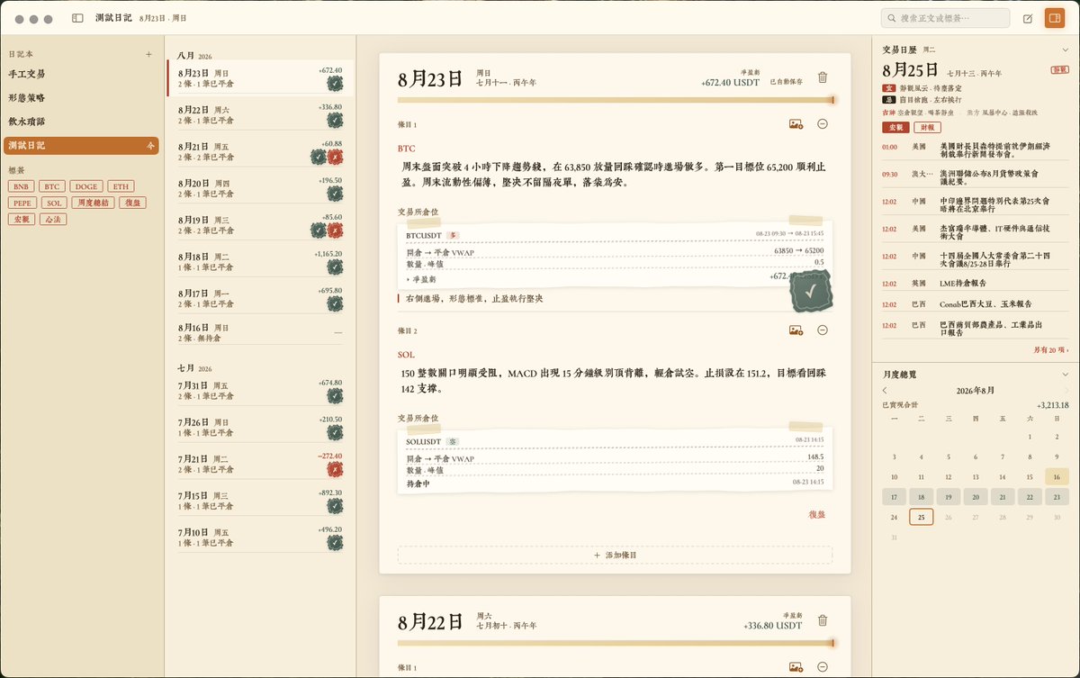 _miaoz_'s tweet photo. 介绍一下「Wick · 秉烛日记」， 加密交易员的黄历和日记应用，自动获取每日宏观和财报信息，从交易所只读同步已平仓交易，计算盈亏，汇总复盘， macOS + iOS 双端。这大概是目前为止我 Vibe 出来的第一个比较“有意义”的东西了，就是不知道有复盘需求的苹果合约玩家多不多？https://t.co/8BSVFxY4BG https://t.co/oeGYI0dftj