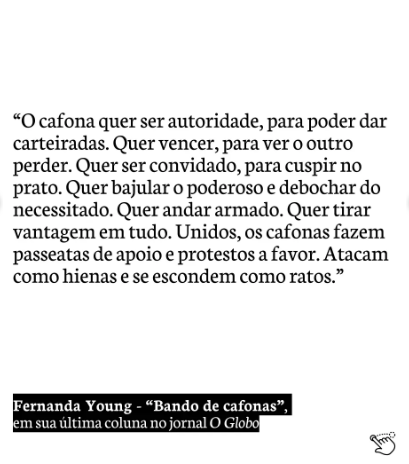 telecotidiano's tweet photo. sempre me pega muito que o ultimo texto da fernanda young em 2019 é tão atemporal poderia ser publicado no jornal de hoje https://t.co/cWi74uhAh7