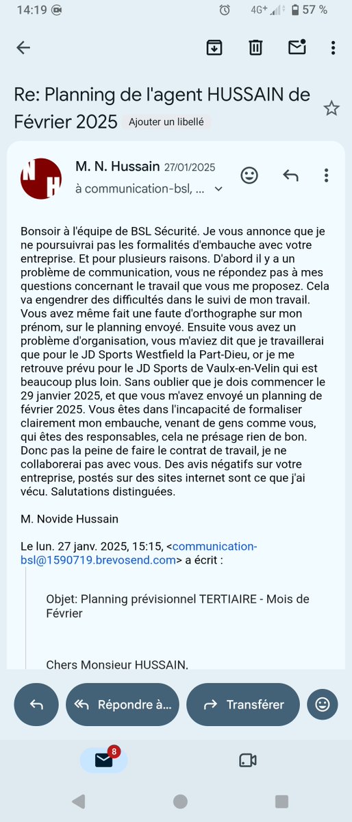 NovideH's tweet photo. J'ai demandé la rupture de la période d'essai, car les responsables de l'entreprise de sécurité, me causaient trop de problèmes. Pourtant du 29.01 au 07.02 ils n'ont pas arrêté de me relancer pour signer. Ne vous laissez pas faire, condamnez en justice ceux qui vous font du tort. https://t.co/pdwMhmo46P