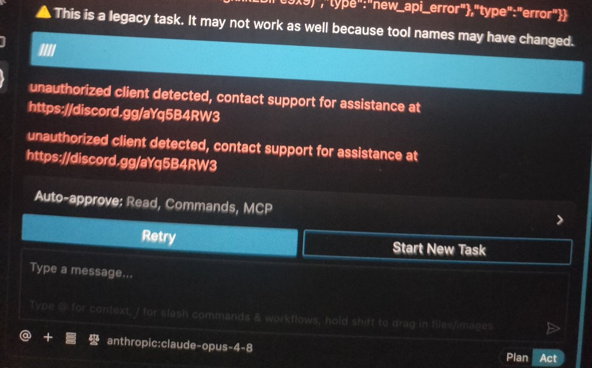 SpotlessEjeh's tweet photo. @AgentRouter_0 I recently started getting this error message on Cline. Is Cline no longer authorised? https://t.co/TWxog0bvHI