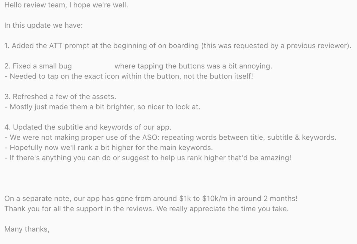 frederickjames's tweet photo. All my app updates are approved within 48hrs.

Part of this, I think, is due to my "Review Notes".
- Explicitly lists all of my changes.
- Very clear, but still detailed: never use ai.
- Polite and kind: good approach for life in general.

Any attempt to mislead the user will usually result in a rejection. Learn the common rejection reasons. Stay compliant & never sneak things past review.

Over time, this builds trust with Apple.
