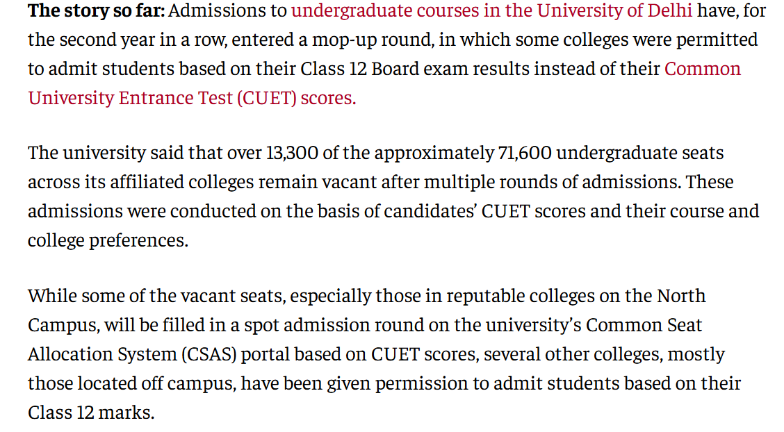 urvashiagwl's tweet photo. CUET’s viability can only be optimised if, instead of allowing individual colleges to switch to Class 12 marks, DU publishes all remaining seats course-college wise and lets every CUET-qualified student re-rank their preferred vacant college-course combinations https://t.co/7hWKfTdLGa