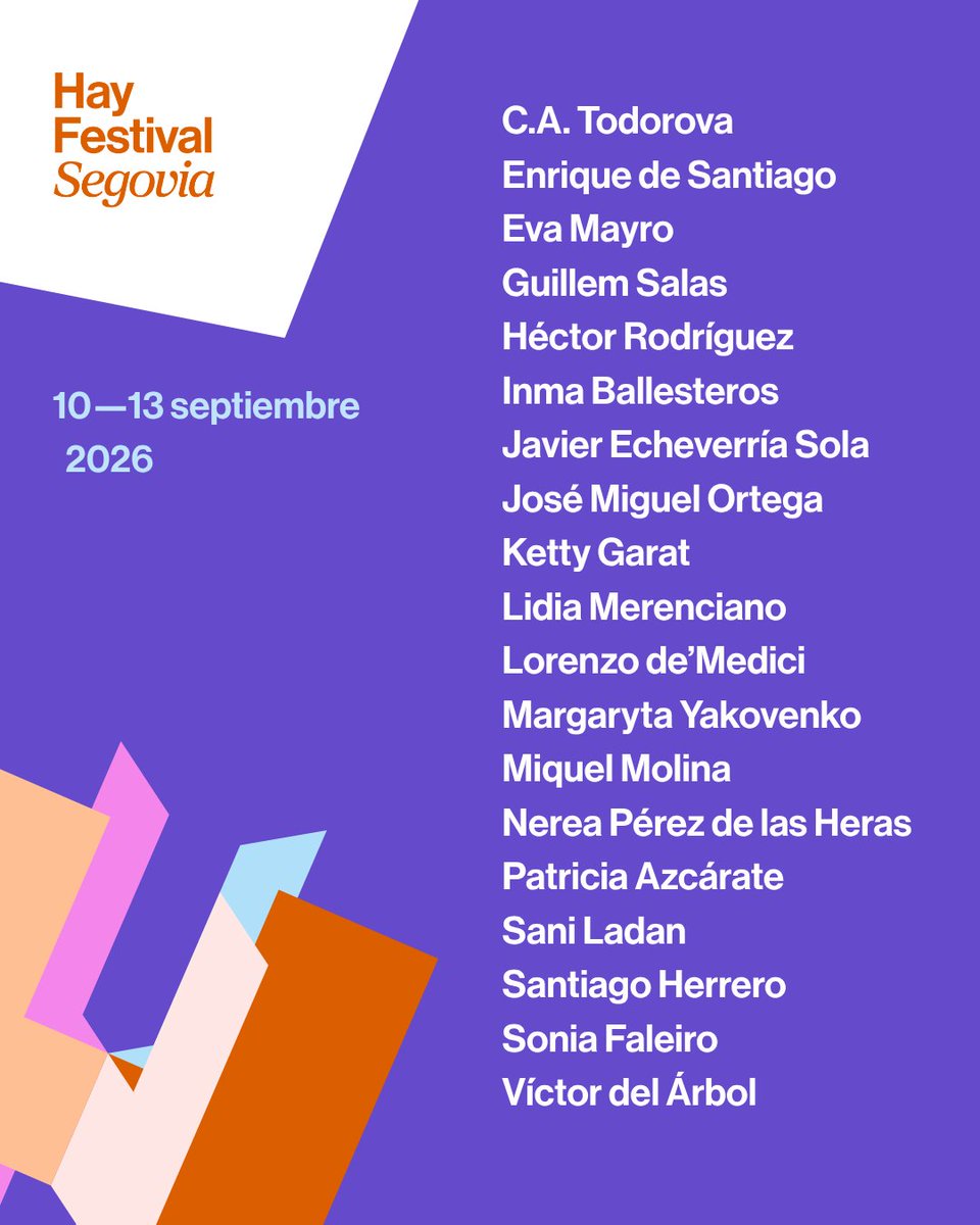 hayfestival_esp's tweet photo. En marcha #HaySegovia26 🥳

Desde diferentes miradas y como un grito de auxilio ante el vacío emocional, el consumo exprés y el culto a lo superficialidad que invade y deshumaniza a la sociedad actual, el #HayFestivalSegovia celebra del próximo 10 al 13 de septiembre su vigésima primera edición con un programa transversal y entusiasta de más de sesenta actos que reunirá a las grandes personalidades del mundo del arte, la política, la historia, el pensamiento, la naturaleza y las letras en charlas, exposiciones, performances, proyecciones y conciertos.

👇👇👇
Más info y las entradas a los eventos en https://t.co/Rp46glJ6rO

.

@segovia_es @DipuSG @AgendaCAF @IEuniversity @ieArchDesign @FactumArte @beltrangambier @Qatar_Museums @urbanbirder @AlexWEllis @agenersurrell @benvanberkel @UNStudio_Arch @Ruben_Amon @davidmejia_ @diego_alcazar @cfranganillo @emilio_delrio @Borjamonde @annabosch @gervasioescrito @ambitocultural @MuseoEVicente @Cajasol @DELOSSANTOSLEAL @Javier__Sierra @vicente_alcaniz @jessicacandrews @CristinaWard @caleroje @KettyGarat @sollasobral @pablogil72 @Granvilas @margayakovenko @martajserrano @martin_caparros @miquelmolina @pablo_dors @saniladan12 @Victordelarbol @somosinfinitos @salamandraed @edicionesiruela @edit_planeta @AnagramaEditor @LibrosAsteroide @G_Gutenberg @OpenSociety @casademexicoesp son todos los que están pero no están todos los que son. 

¡Gracias a cuentas instituciones, fundaciones y espacios apoyan y colaboran y gracias a todos los participantes por compartir sus conocimientos, talentos y experiencias! 

Nos vemos en #Segovia  😊