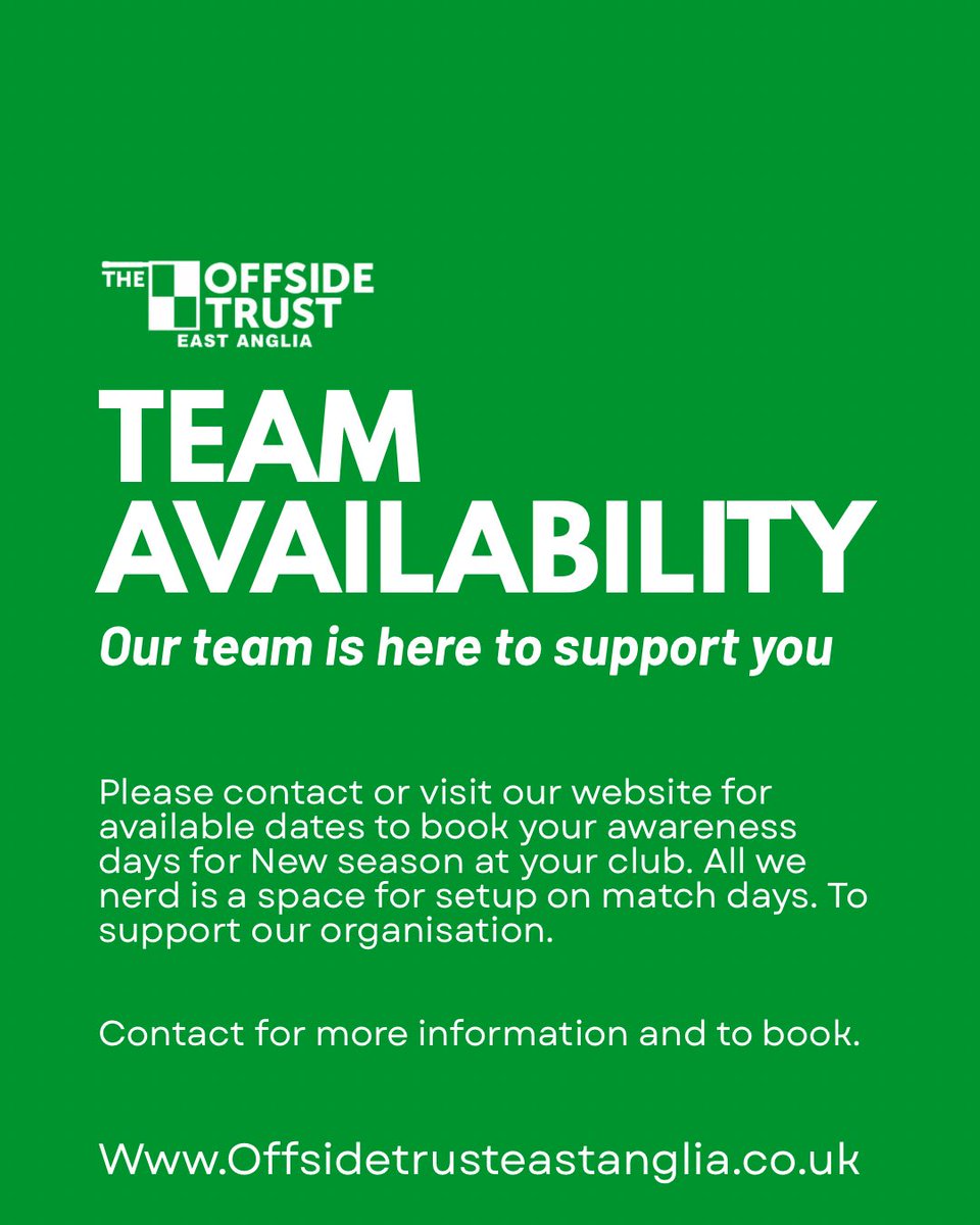 cas_coach_'s tweet photo. Contact me or @arber_boy or through our page at @OffsideTrust to get booked in dates filling up fast and we would love to get you all booked in for this season to support the amazing organisation to help as many families as we can. #abuseinsports #notoabuse #eastangliafootball https://t.co/uQRiZoLYWg