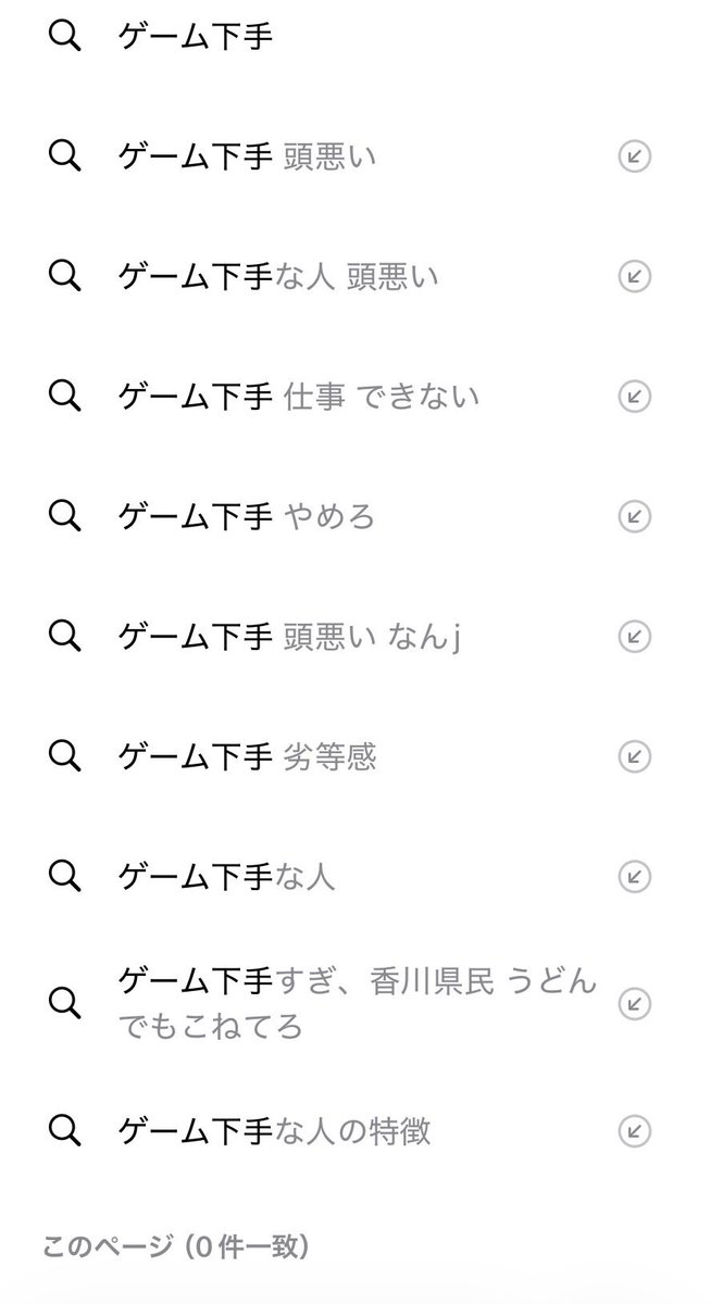 Majula4649's tweet photo. 「ゲーム下手」で調べるだけで、このサジェストが並ぶのなかなか酷い。
単にゲームが不得意ってだけで、ここまで見下されるの？
ゲーム下手側の人間としては普通に傷つくんだよね。 https://t.co/jNA7z16D9O