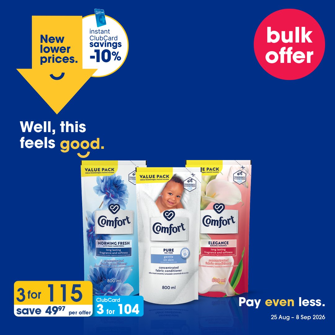 Clicks_SA's tweet photo. Freshness up. Prices down. Thatβs the New Lower Prices feeling. πβ¨
Stock up on Comfort and get 3 for 115 β or swipe your ClubCard and pay just 104 for 3. Yho, your randelas are going further! -> https://t.co/c9s3D04spK
#ClicksClubCard #NewLowerPrices #FeelGoodPayEvenLess https://t.co/oIfoAeIcUW