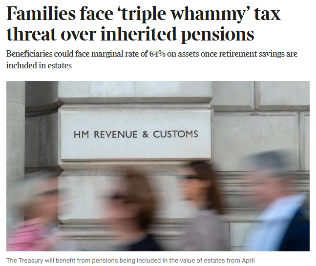CutMyTaxUK's tweet photo. Labour's decision to subject pension funds to the death tax from April next year will constitute a triple whammy tax threat.

Firstly, adding pension funds and death benefits to the value of a person’s estate for inheritance tax purposes will bring many more estates into the ambit of the death tax.

Secondly it means that almost half of all taxable estates will lose some or all of their residence nil-rate band allowance within five years as they pass the £2m threshold.

Thirdly, after the pensions have been taxed at 40% they will still be subject to income tax when withdrawn by the beneficiaries. It could amount to a total tax rate of 64% on the inherited pension.

“Dragging unused pensions into the inheritance tax net from April 2027 could drastically reduce the amount of money some beneficiaries inherit. This feels intrinsically unfair — pensions should be treated, and therefore taxed, as capital or income, not both,” said Rachel Vahey from the investment firm AJ Bell