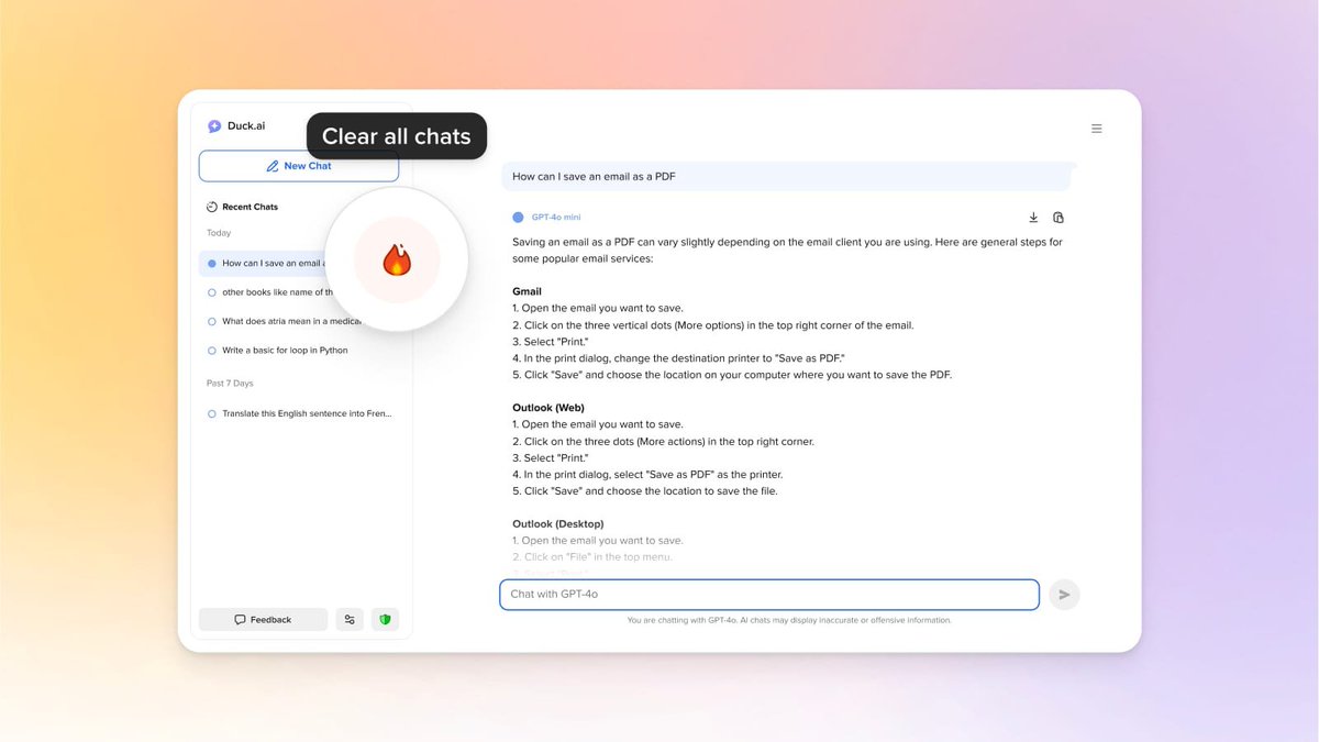 Rivonn's tweet photo. Found a way to use Claude for free ( 0$ )

DuckDuckGo strips your identity before Claude ever sees the message

no login, and your ip is gone before the query reaches Anthropic

> chats aren't stored on DuckDuckGo's side
> Anthropic destroys logs within 30 days
> none of it trains future models

the free tier only gives you haiku 4.5, not opus, but free is free 

but that's still full Claude, running with less exposure than claude itself