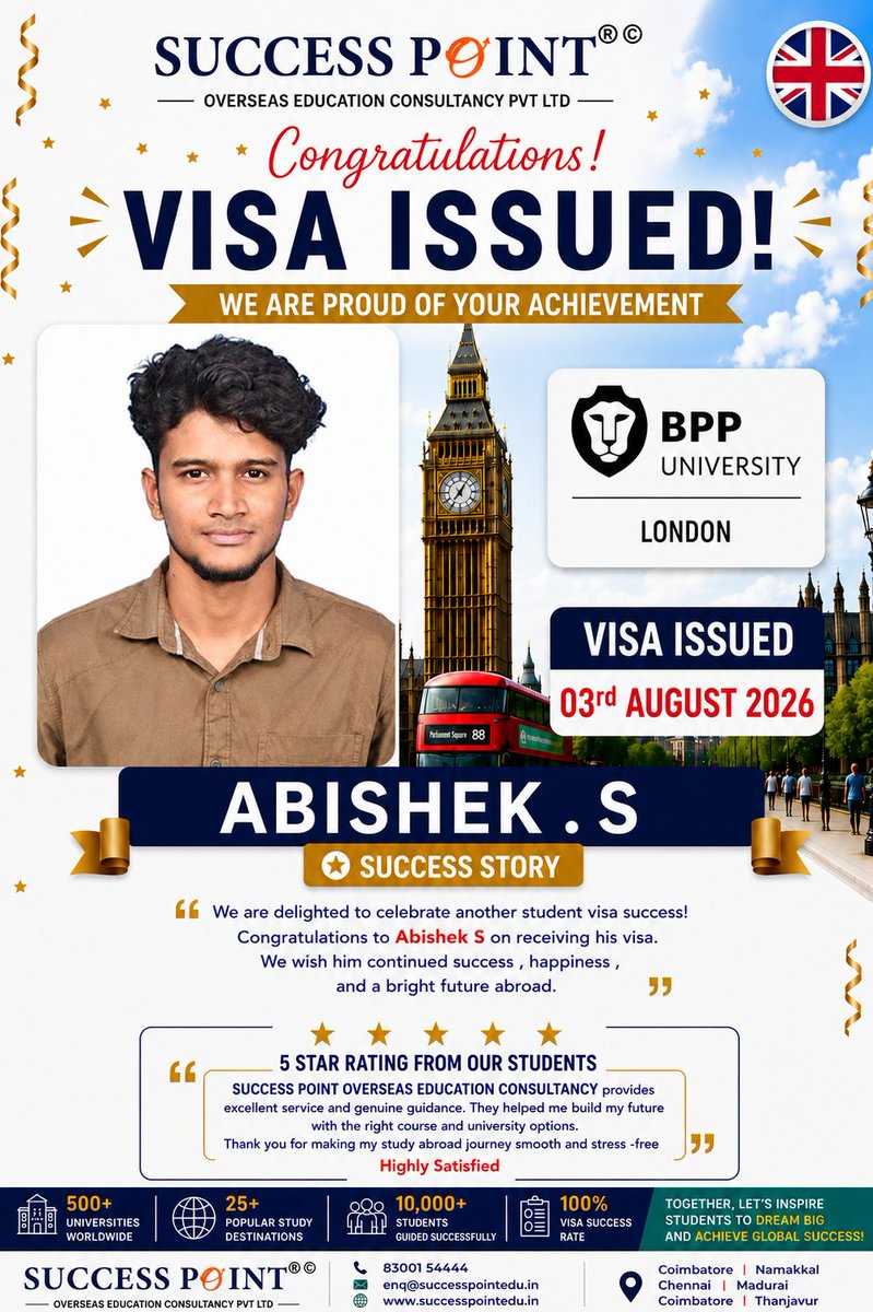 successpointedu's tweet photo. A huge congratulations to Abishek S on successfully receiving his UK Student Visa! 🎓✈️
Your dream of studying in the UK is now one step closer to reality. 🇬🇧
#VisaIssued #UKStudentVisa #UKStudy #StudyInUK #SuccessStory #StudentVisaSuccess #StudyAbroad #UKEducation #AbroadStudy https://t.co/bZ7o66HLs1
