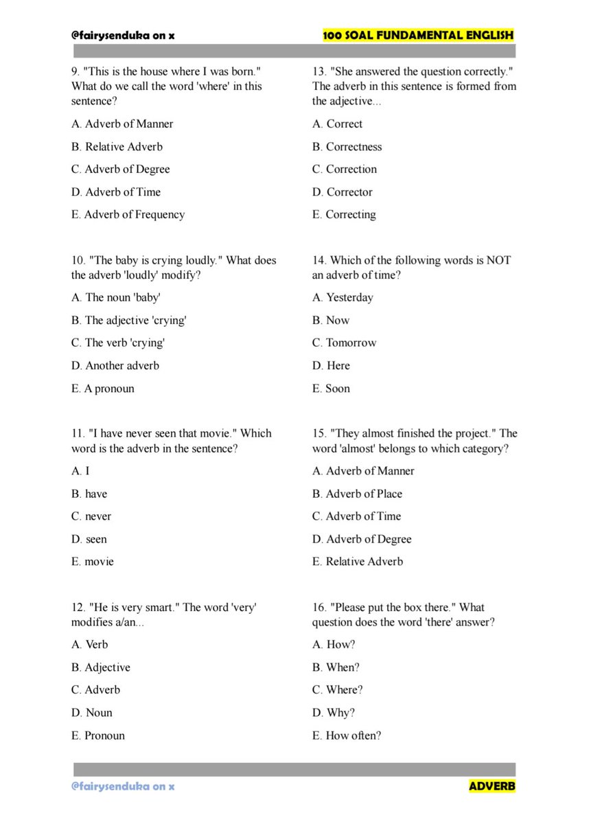 fairysenduka's tweet photo. [ 100 SOAL FUNDAMENTAL ENGLISH — ADVERB ]

​📂 ⨾ Akses Soal
↳ https://t.co/SIo36vzP0d
📝⨾ Akses Pembahasan
↳ https://t.co/sd4wLixpxD
> more info snbp, snbt dan mandiri 2027
https://t.co/94iHzBaXsK https://t.co/G82tjY6pGx