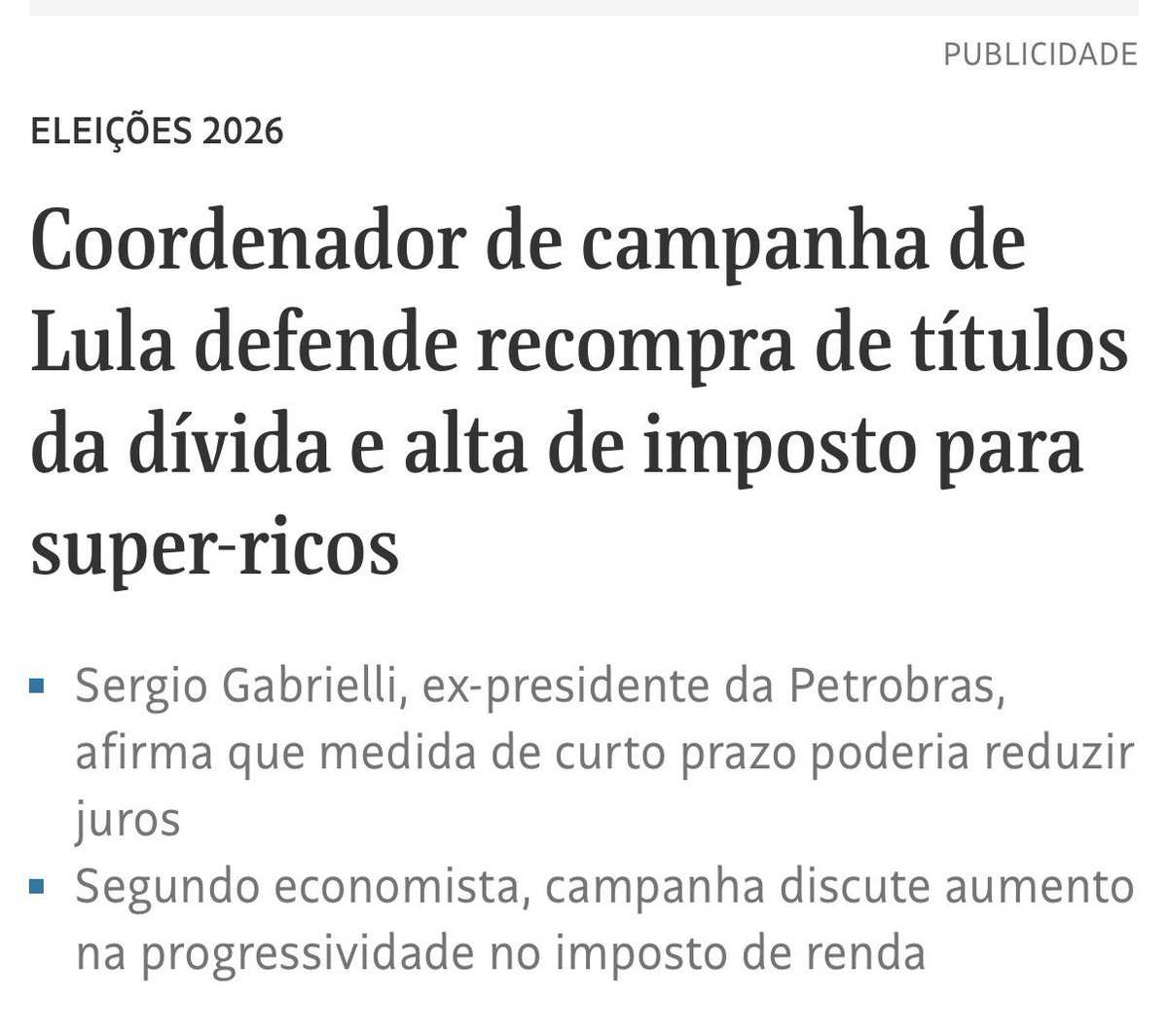 ASachsida's tweet photo. Deixa eu traduzir para vocês: o coordenador da campanha do PT defende aumentar artificialmente a liquidez da economia, pressionando a inflação e o custo de vida. E, para “equilibrar” os efeitos dessa política, propõe — quem poderia imaginar? — aumentar impostos.

É uma combinação assustadoramente perigosa: mais dinheiro pressionando os preços, mais inflação corroendo a renda das famílias, juros maiores pressionando as empresas e mais impostos sufocando quem trabalha e produz.

Essa receita não é solução. É o caminho para um novo choque inflacionário, perda de poder de compra e uma crise econômica ainda mais profunda.
