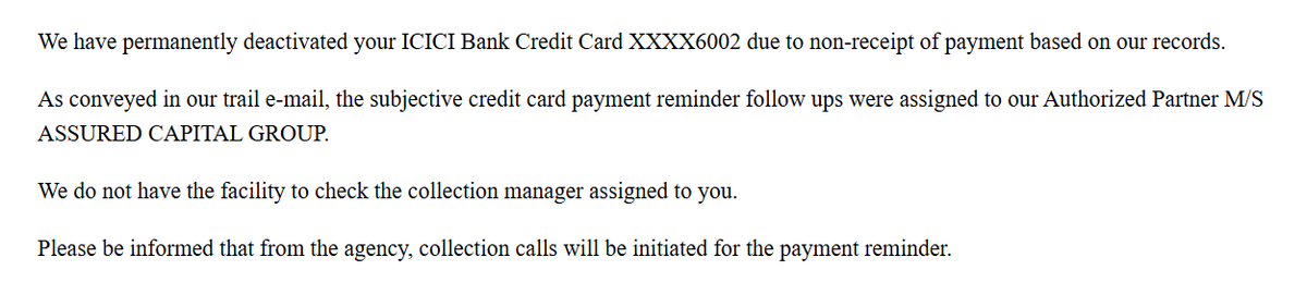 advravikumar001's tweet photo. @ICICIBank @ICICIBank_Care @RBI @RBIsays  Asked 10+ times via email — who is my collection manager? Response every time: agency name. Bank says "we don't have facility to check." How is a customer supposed to resolve anything? #ICICIBank #ConsumerRights https://t.co/Bl2vRibOGI
