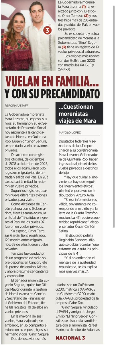 JJDiazMachuca's tweet photo. 🚨 LA AUSTERIDAD REPUBLICANA… PERO EN GULFSTREAM ✈️🤡

283 VUELOS PRIVADOS EN FAMILIA VIP.

Buen día 😊☕

Mara Lezama (@MaraLezama), su esposo Omar Terrazas, sus hijos y su hermano acumularon más de 283 entradas y salidas del país en vuelos privados, de acuerdo con los registros publicados. 👇🏻

Y hay más: su exsecretario y hoy aspirante de Morena a la gubernatura de Quintana Roo, Eugenio “Gino” Segura (@GinoSeguraV ), registra 19 vuelos privados al extranjero.

Entre los aviones más utilizados aparecen dos Gulfstream G200, matrículas XA-GLF y XA-PKR.

Mientras al pueblo le recetan “austeridad republicana”, algunos morenistas ya descubrieron que la transformación también puede viajar en jet privado.

Primero los pobres… pero que no estorben en la pista. ✈️😂